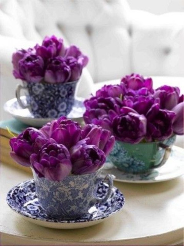 Tulpen im Interieur lila Blüten in weiß-blau gemusterten Tassen