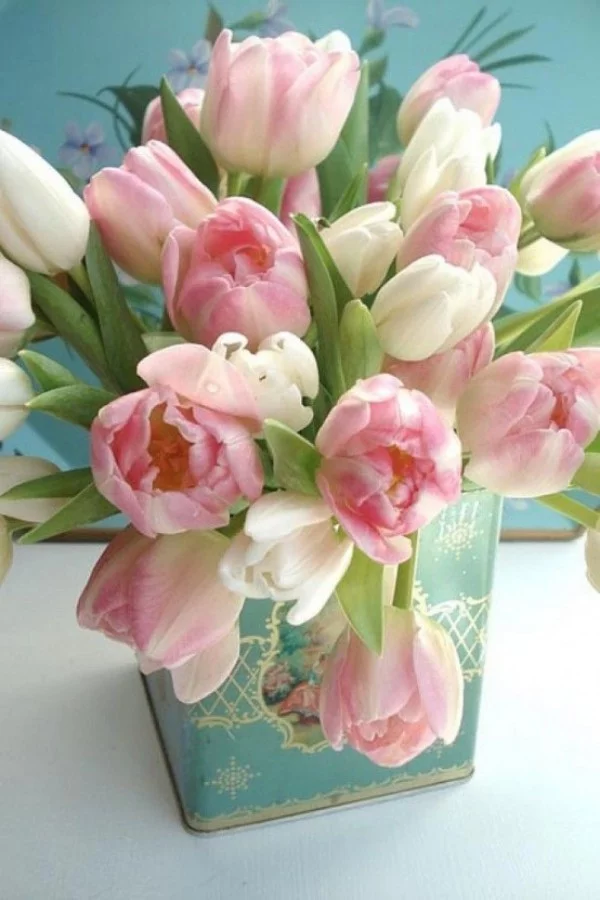 Tulpen im Interieur rosafarbene Blüten in Vintage-Behälter