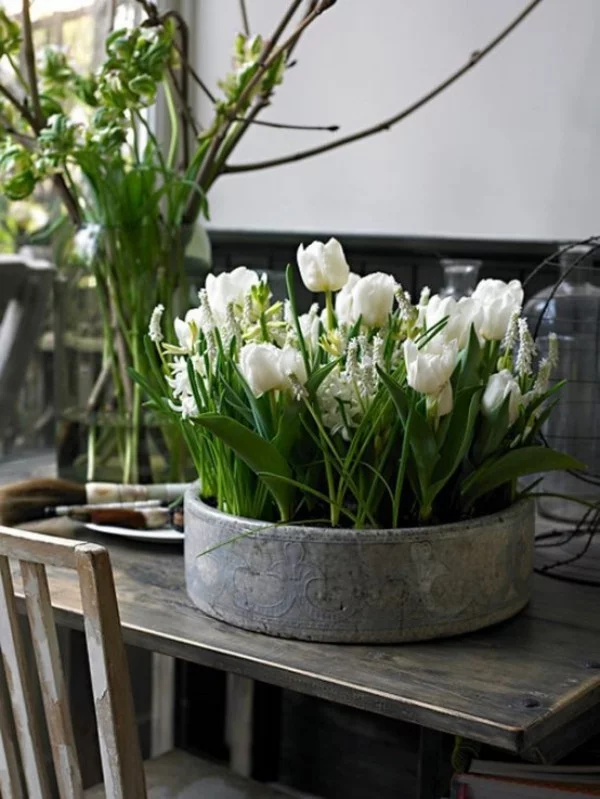 Tulpen im Interieur weiße Blüten in Metallbehälter