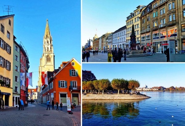 Urlaub in Konstanz – kennzeichnende Destinationen der größten Stadt am Bodensee konstanz collage grußkarte kirche und bdensee