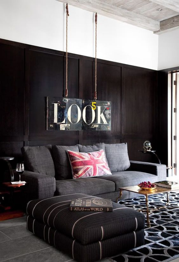 Maskulin und elegant modernes Wohnzimmer grau Deko Elemente luxuriöse Touches