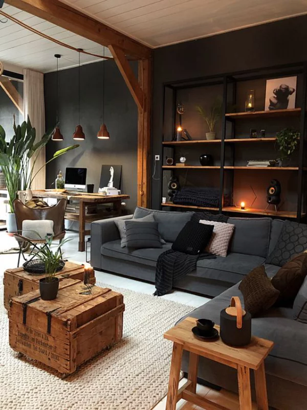 Maskulin und elegant modernes Wohnzimmer helles natürliches Holz dunkle Farben viel Grau