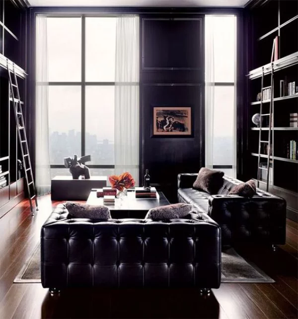 Maskulin und elegant modernes Wohnzimmer klare Linien geometrische Formen perfekter Look