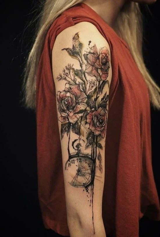 Aquarell Sleeve Tattoo Idee mit Rosen 