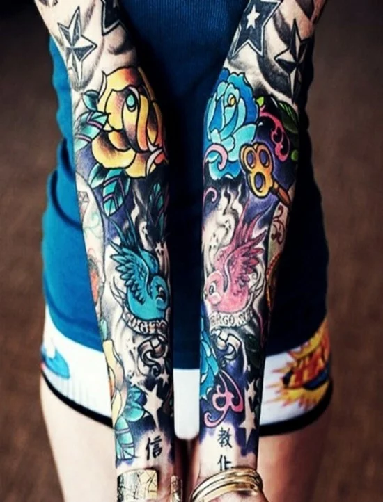 bunte Sleeve Tattoo Ideen mit asiatischen Motiven