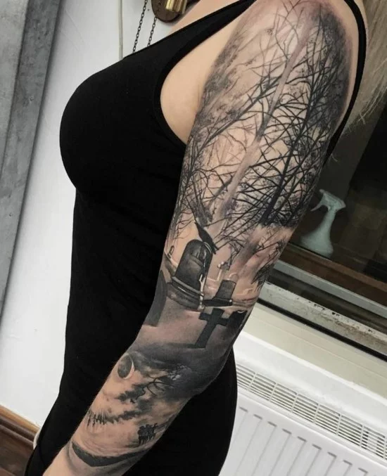 Gothik Sleeve Tattoo Ideen - Grabsteine im Wald 