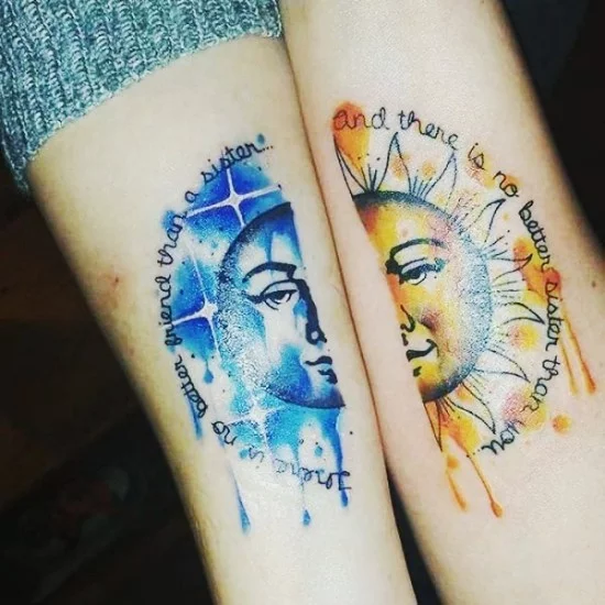 170 kreative Geschwister Tattoo Ideen und Inspirationen mond und sonne wasserfarben schwester