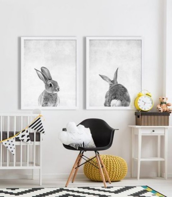 Babyzimmer Deko Ideen Wandbilder Hasen Sessel Hocker weiß grau schwarz
