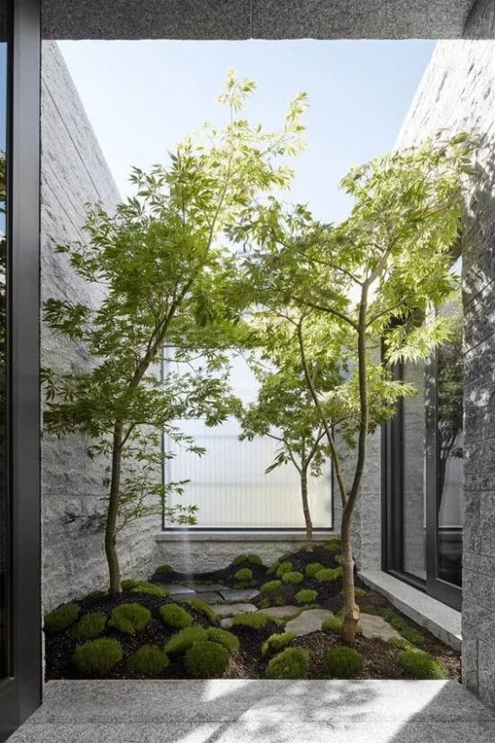 Japanischer Garten hohe Ästhetik visuelle Harmonie kleine Fläche Moos grüne Bäume
