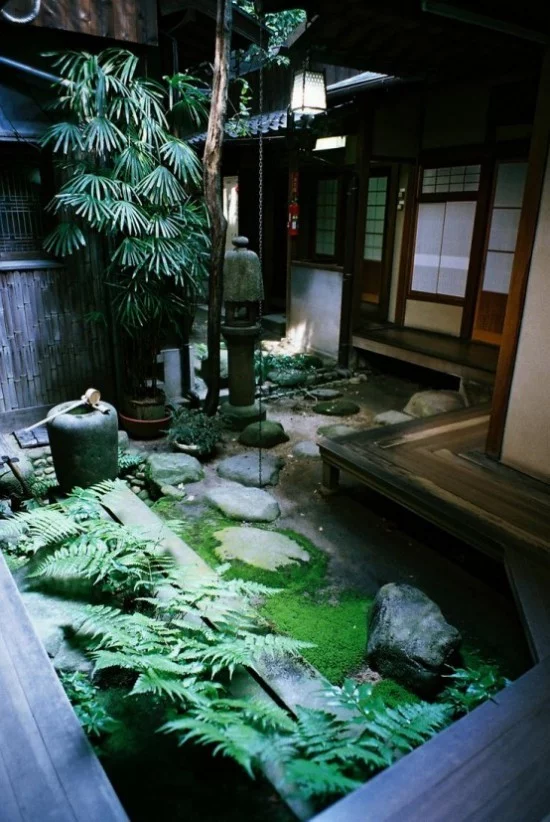 Japanischer Garten im Hinterhof Farbpalette grün Wasserbrunnen Moos Steine Farn