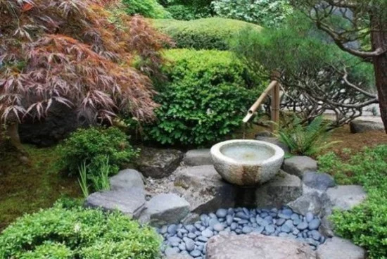 Japanischer Garten wasserschale große Steine Kiesel Baumbus grüne Pflanzen japanischer Ahorn