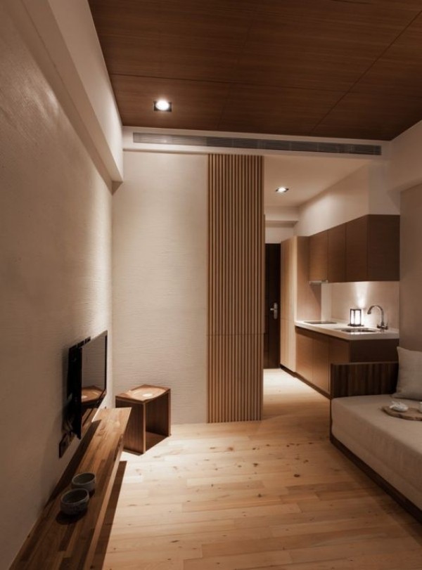 Japanisches Wohnzimmer Bambus Schiebetüren trennen Küche von Sitzecke ab viel Holz helle Wände