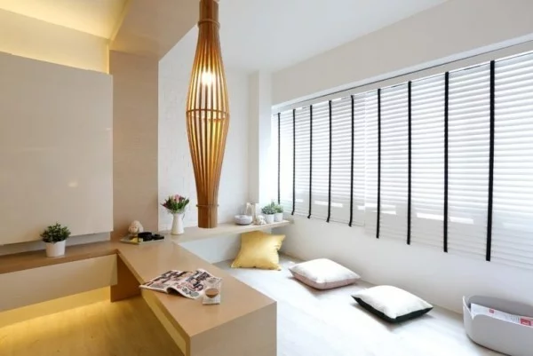 Japanisches Wohnzimmer elegante Raumgestaltung dezente Beleuchtung grau beige