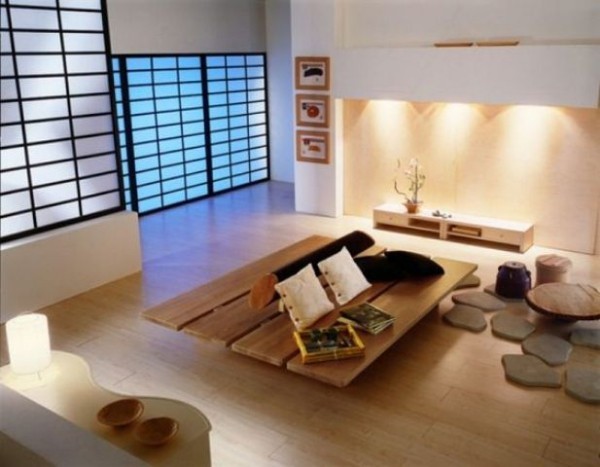 Japanisches Wohnzimmer elegante typisch japanische Schiebetüren trennen Räume ab dezente Beleuchtung Naturmaterialien