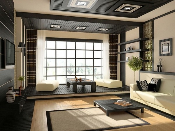 Japanisches Wohnzimmer helle Farben mit Schwarz kombiniert niedrige Tische Möbel sorgfältig gewählte Accessoires