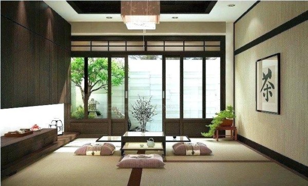 Japanisches Wohnzimmer typische Raumgestaltung Schiebetüren Natur kommt ins Zimmer