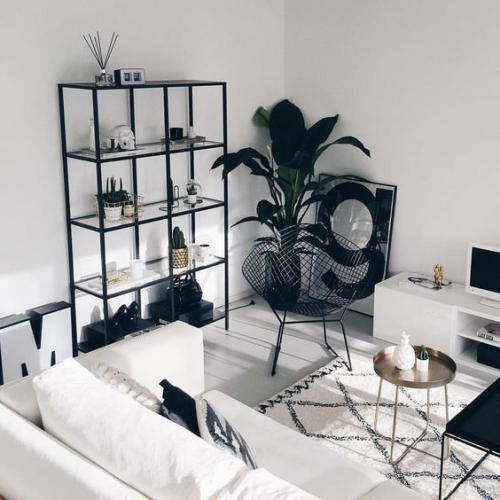 Wohnzimmer in Schwarz-Weiß weiße Möbel weiße Wände Teppich