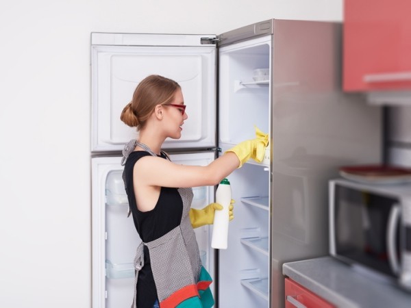 side view of woman cleaning the fridge