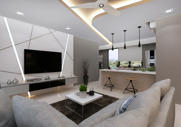 moderne deckengestaltung wohnzimmer küche