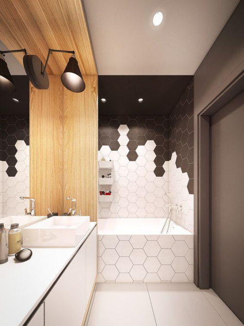 Fliesen-Akzente im Bad kreativ und gewagt Schokoladenbraun Weiß in Kombination modernes Baddesign mit hexagonalen Fliesen