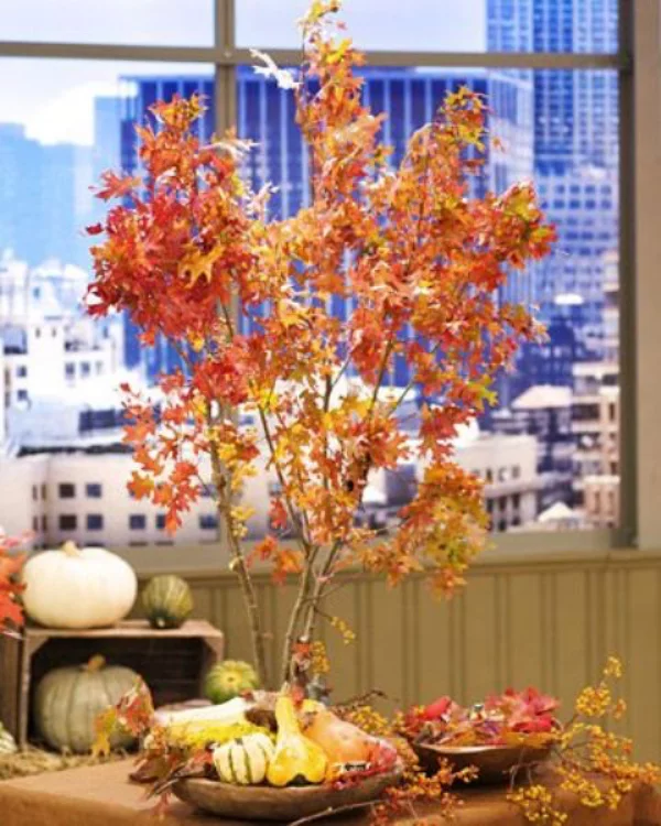 Herbstdeko Ideen mit bunten Blättern und Beeren Kürbisse
