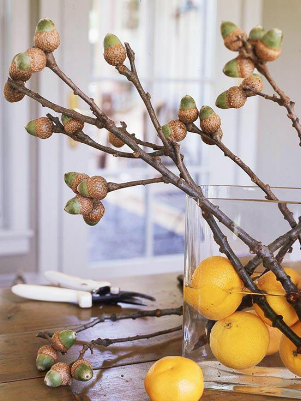 Hinreißende Herbstdeko Ideen Vase aus Glas auf dem Esstisch darin Zitronen Wasser und Eichelzweige arrangiert