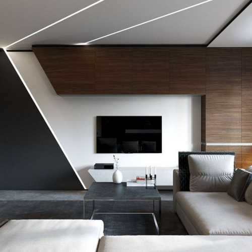 Minimalismus im Wohnzimmer geometrische Formen klare Linienführung typisch für den Stil eingebautes Licht