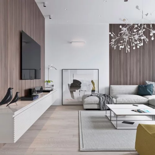Minimalismus im Wohnzimmer perfektes Design etwas bewegter angelehntes Bild Deko Artikel gelber Tupfer im Vordergrund