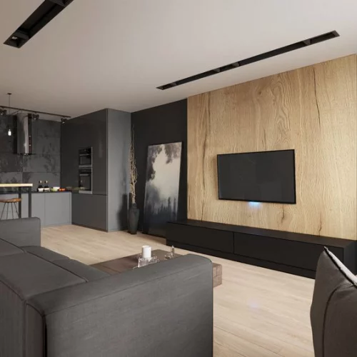 Minimalismus im Wohnzimmer schönes Design Schwarz Grau und helles Holz