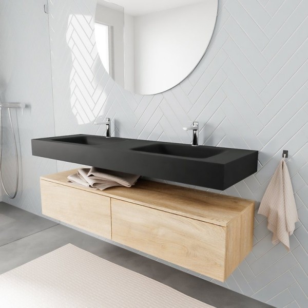 Freihängender Waschtisch mit Unterschrank für ein stilvolles Badezimmer modern und schick in matte schwarz und holz