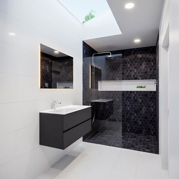 Freihängender Waschtisch mit Unterschrank für ein stilvolles Badezimmer schwarz und weiß modern trendy