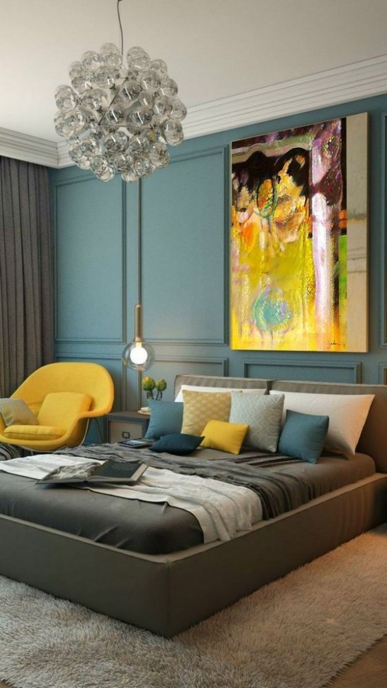 Schlafzimmer herbstlich gestalten Blaugrün gelbe Akzente sehr gemütliche Atmosphäre