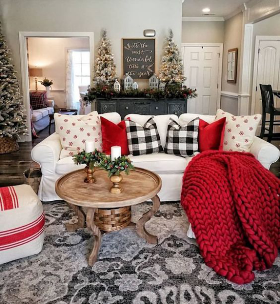 Winterdeko im Wohnzimmer rote Strickdecke rote und schwarz-weiß karierte Wurfkissen weißer Sofabezug Tannenbäume im Hintergrund