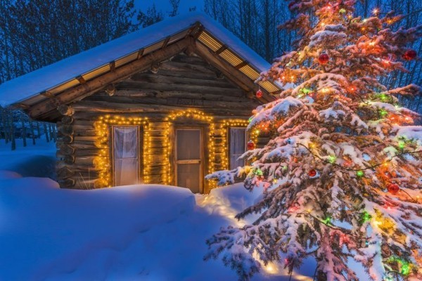 Außenbeleuchtung zu Weihnachten anbringen – 30 festliche Ideen und Tipps haus bedeckt von schnee tannenbaum