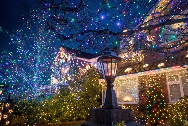Außenbeleuchtung zu Weihnachten anbringen – 30 festliche Ideen und Tipps haus und bäume mit vielen lichtern