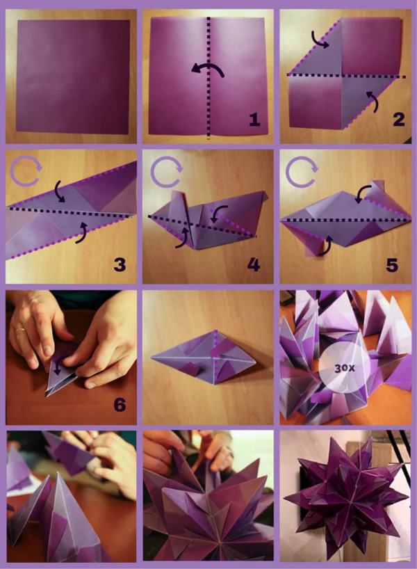 Ideen für kreatives Basteln Bascetta Sterne aus lila Papier selber machen Schriit für Schritt Anleitung in Bildern
