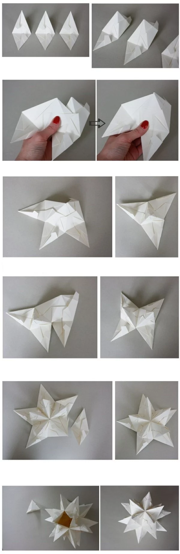 Schritt für Schritt Anleitung für Bascetta Sterne basteln kreatives DIY Projekt aus weißem Papier 