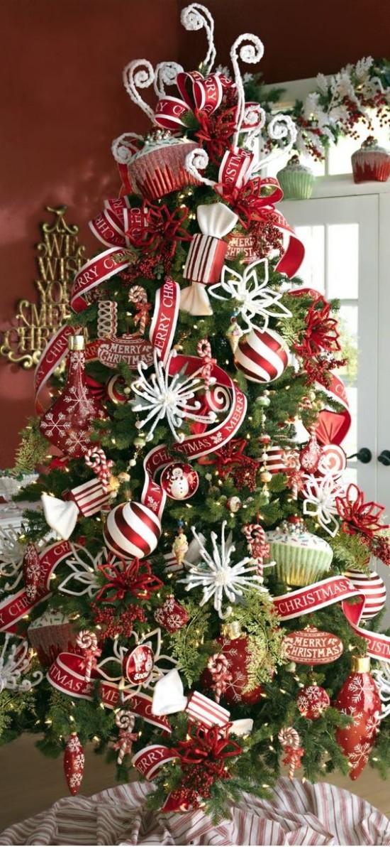 Weihnachtsdeko Ideen in Rot und Weiß schöner üppiger Christbaumschmuck