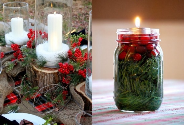 weihnachten deko Glas mit roten Früchten und Nadeln