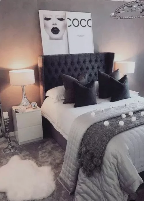 Gemütliches Schlafzimmer im Winter gestalten modernes Ambiente in Grau Wandbild