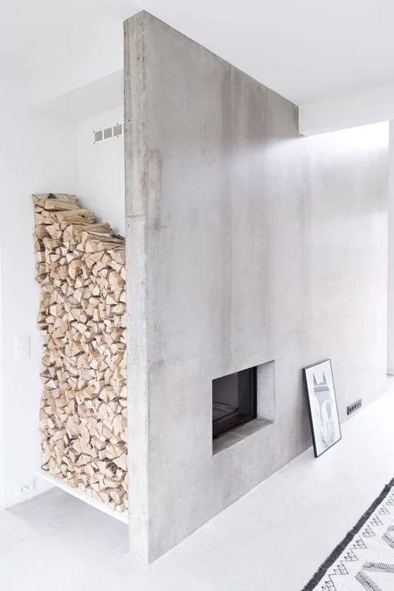 Moderne Kamine minimalistisches Design Stauraum fürs Brennholz vorplanen
