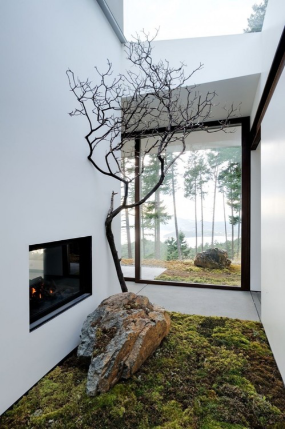 Innenhof stilvoll gestalten vor dem Kamin Fläche mit Moos bedeckt großer Stein Baum