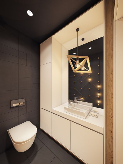 Modernes Licht im Bad kontrastreiches Raumdesign Designerhängeleuchte Spiegel