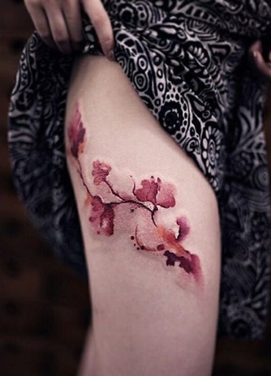 3d kirschblüten tattoo oberschenkel
