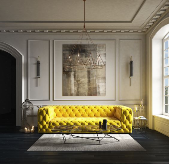 Wohnzimmer optisch erweitern elegante Raumgestaltung viel natürliches Licht ausgefallenes Sofa in Goldgelb als Eyecatcher