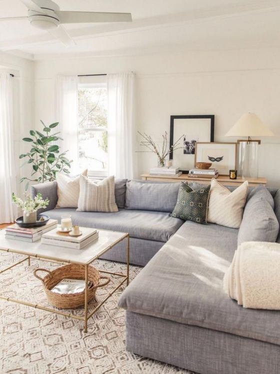 Zeitgemäße Raumgestaltung helle Möbel Teppich Sofa einfaches Farbschema Kissen Gummibaum in der Ecke