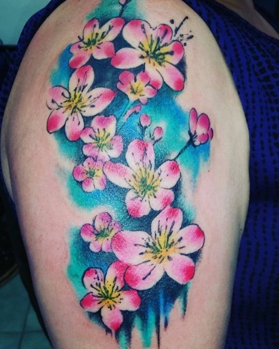 bunte wasserfarbe kirschblüten tattoo
