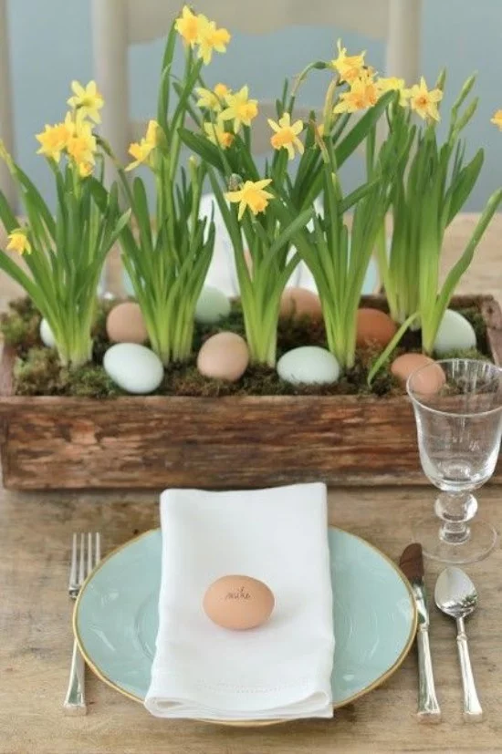 Osterdeko in Pastellfarben gelbe Narzissen Eier im Holzkasten arrangiert awinziger Garten als Blickfang