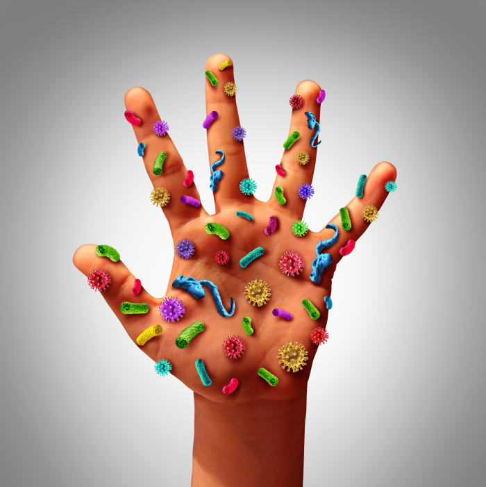 Richtiges Händewaschen viele Viren an einer Hand unsichtbar mit bloßem Auge sich vermehren