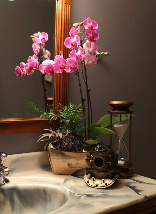 Tischdeko mit Orchideen Deko Ideen Badezimmer Waschbecken